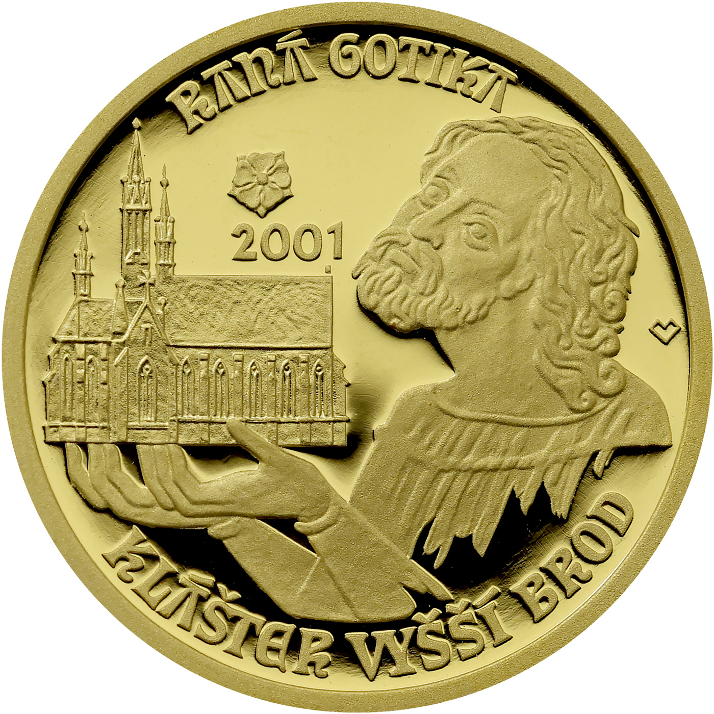 Přední strana Zlatá mince 2000 Kč Klášter Ve Vyšším Brodě Raná Gotika 2001 Proof