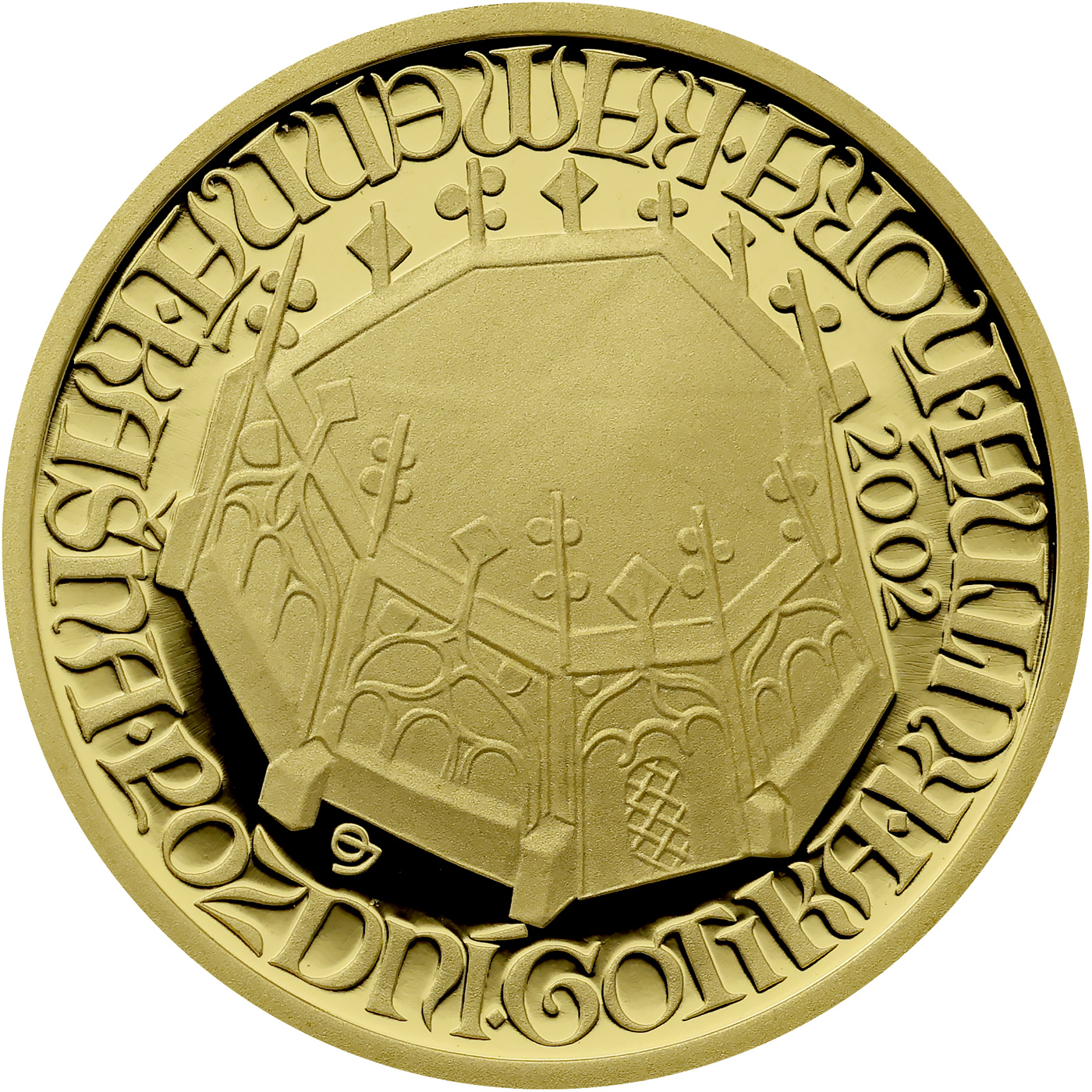 Přední strana Zlatá mince 2000 Kč Kašna Kutná Hora Pozdní Gotika 2002 Proof
