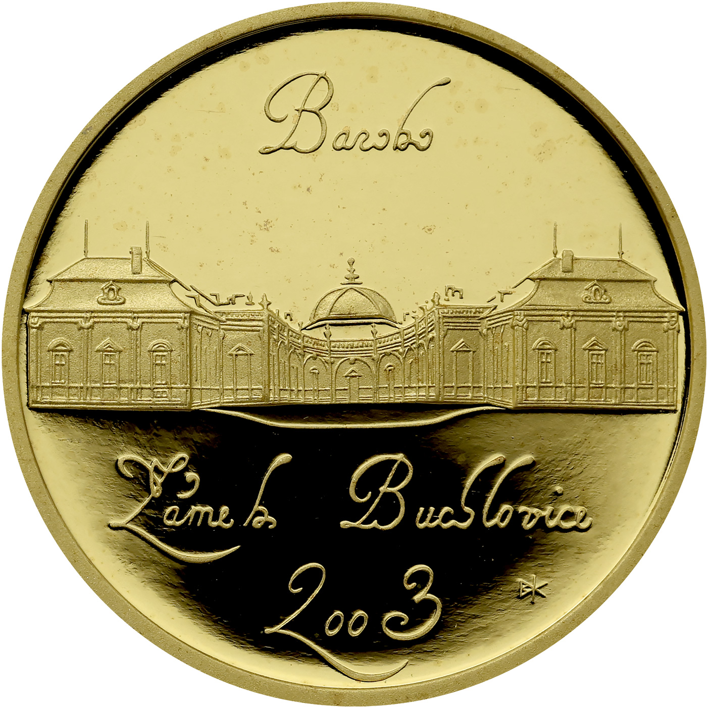 Přední strana Zlatá mince 2000 Kč Zámek Buchlovice Baroko 2003 Proof 