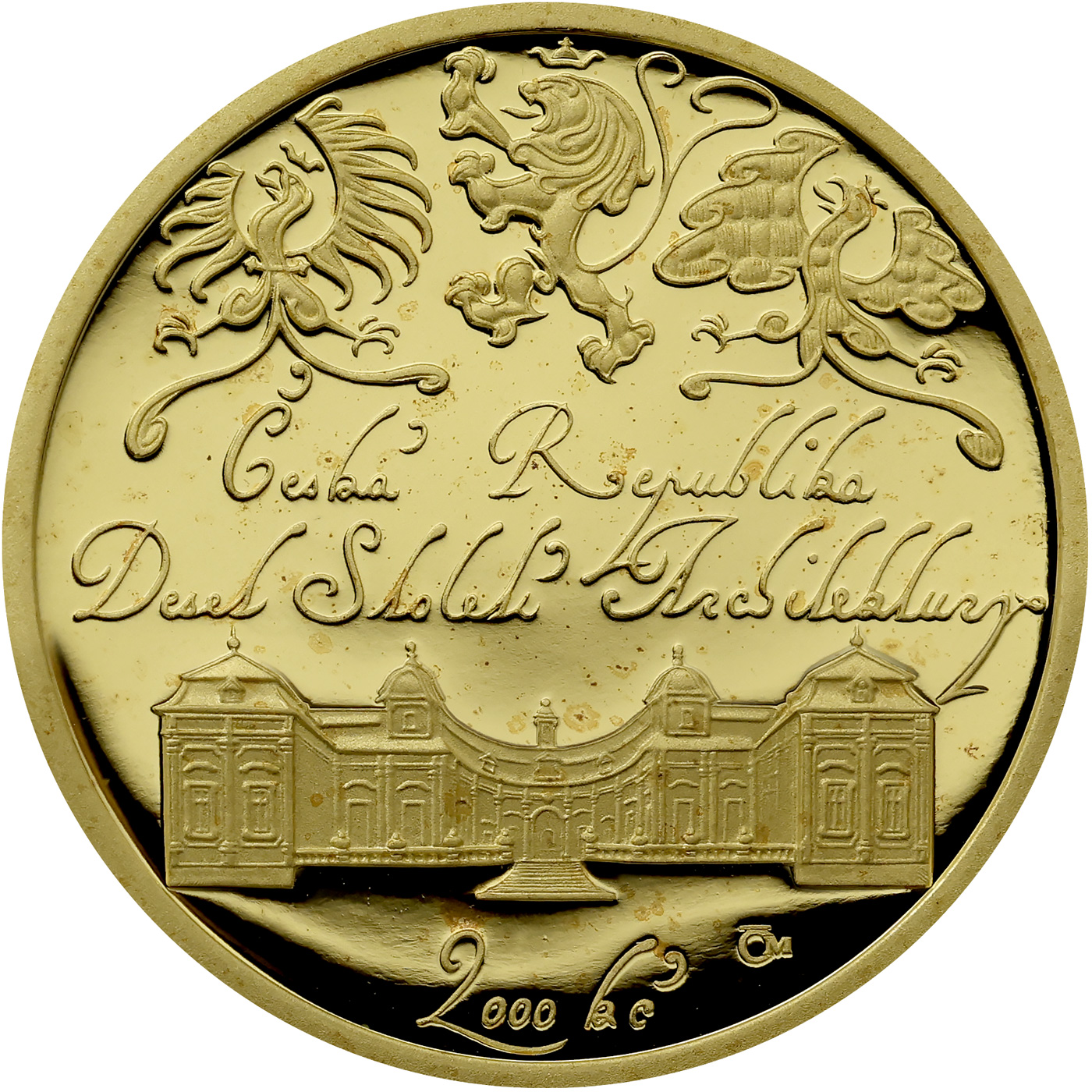 Zadní strana Zlatá mince 2000 Kč Zámek Buchlovice Baroko 2003 Proof 