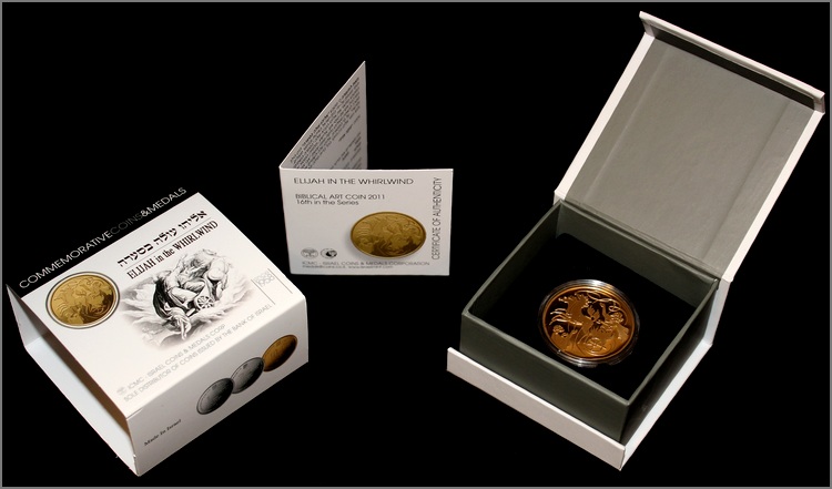 Zlatá mince Elijáš a Vzdušný vír 10 NIS Izrael Biblické umění 2011 Proof