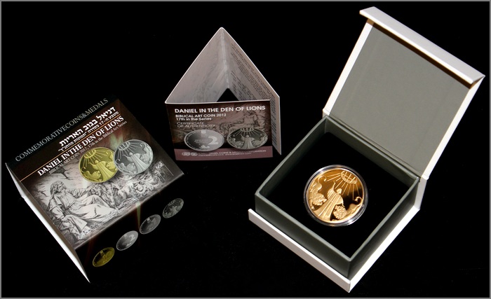 Zlatá mince Daniel v jámě lvové 10 NIS Izrael Biblické umění 2012 Proof