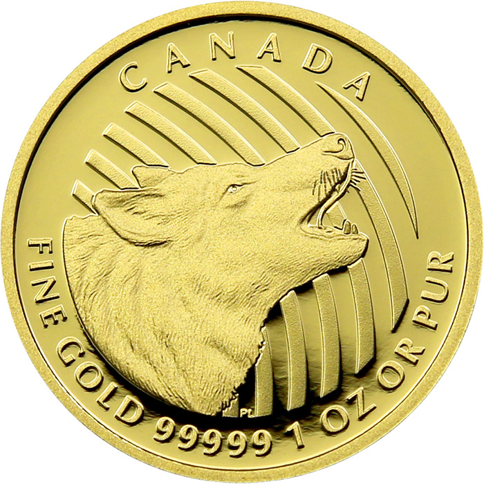 Přední strana Zlatá mince Howling Wolf 1 Oz 2014 Proof (.99999)