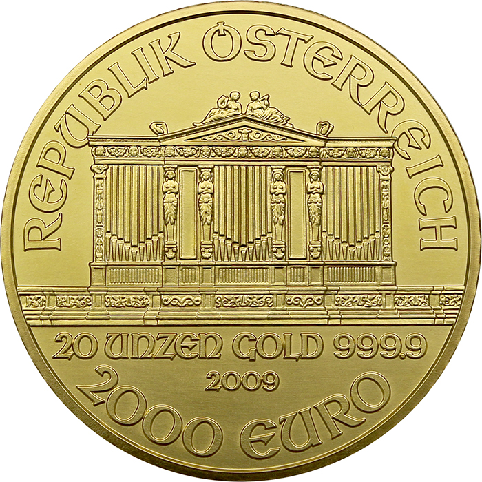 Zlatá investiční mince Wiener Philharmoniker 20. výročí 20 Oz 2009