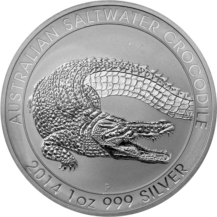 Přední strana Stříbrná investiční mince Krokodýl mořský 1 Oz 2014