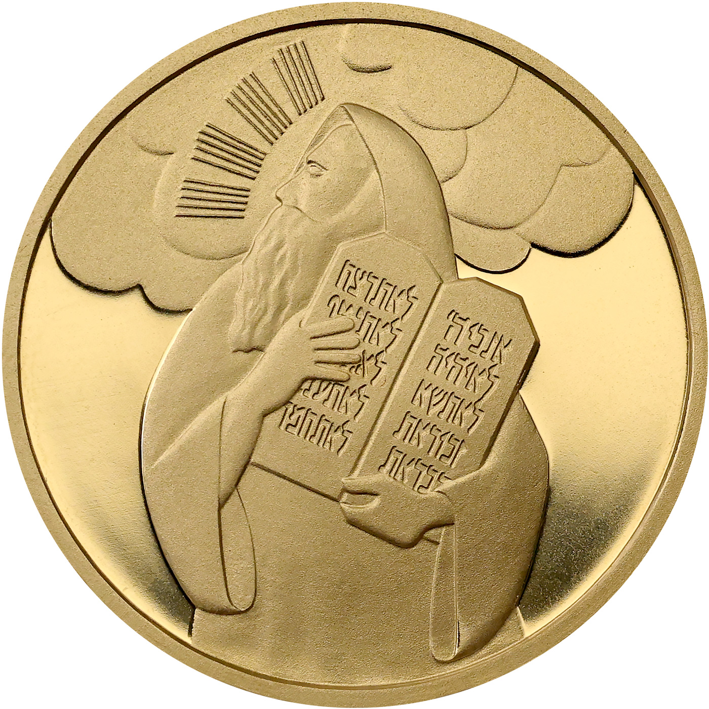Přední strana Zlatá mince Mojžíš a desatero přikázání 10 NIS Izrael Biblické umění 2005 Proof