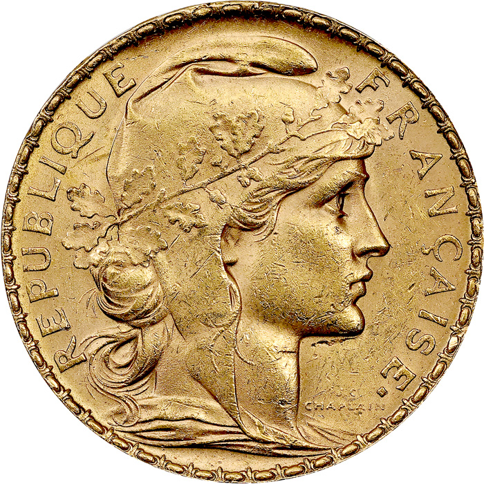 Zadní strana Zlatá mince 20 Frank Marianne Kohout 1910