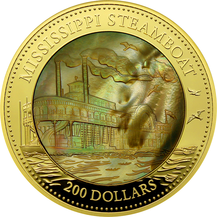 Přední strana Zlatá minca 5 Oz Mississippi Steamboat 2015 Perleť Proof