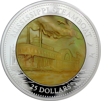 Stříbrná mince 5 Oz Mississippi Steamboat 2015 Perleť Proof