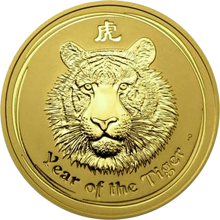 Přední strana Zlatá investiční mince Year of the Tiger Rok Tygra Lunární 2 Oz 2010
