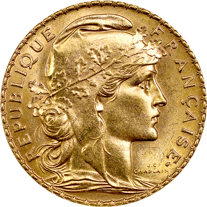 Zadní strana Zlatá mince 20 Frank Marianne Kohout 1907
