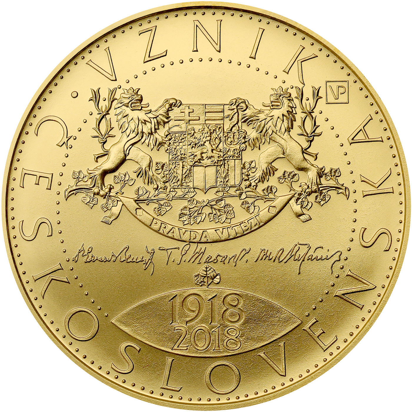 Přední strana Zlatá minca 10000 Kč Vznik Československa 1oz 2018 Štandard