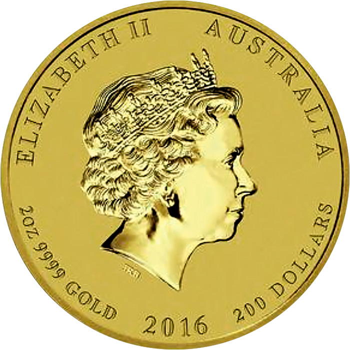 Zadní strana Zlatá investiční mince Year of the Monkey Rok Opice Lunární 2 Oz 2016