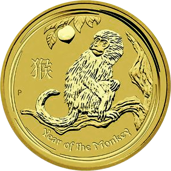 Přední strana Zlatá investiční mince Year of the Monkey Rok Opice Lunární 2 Oz 2016