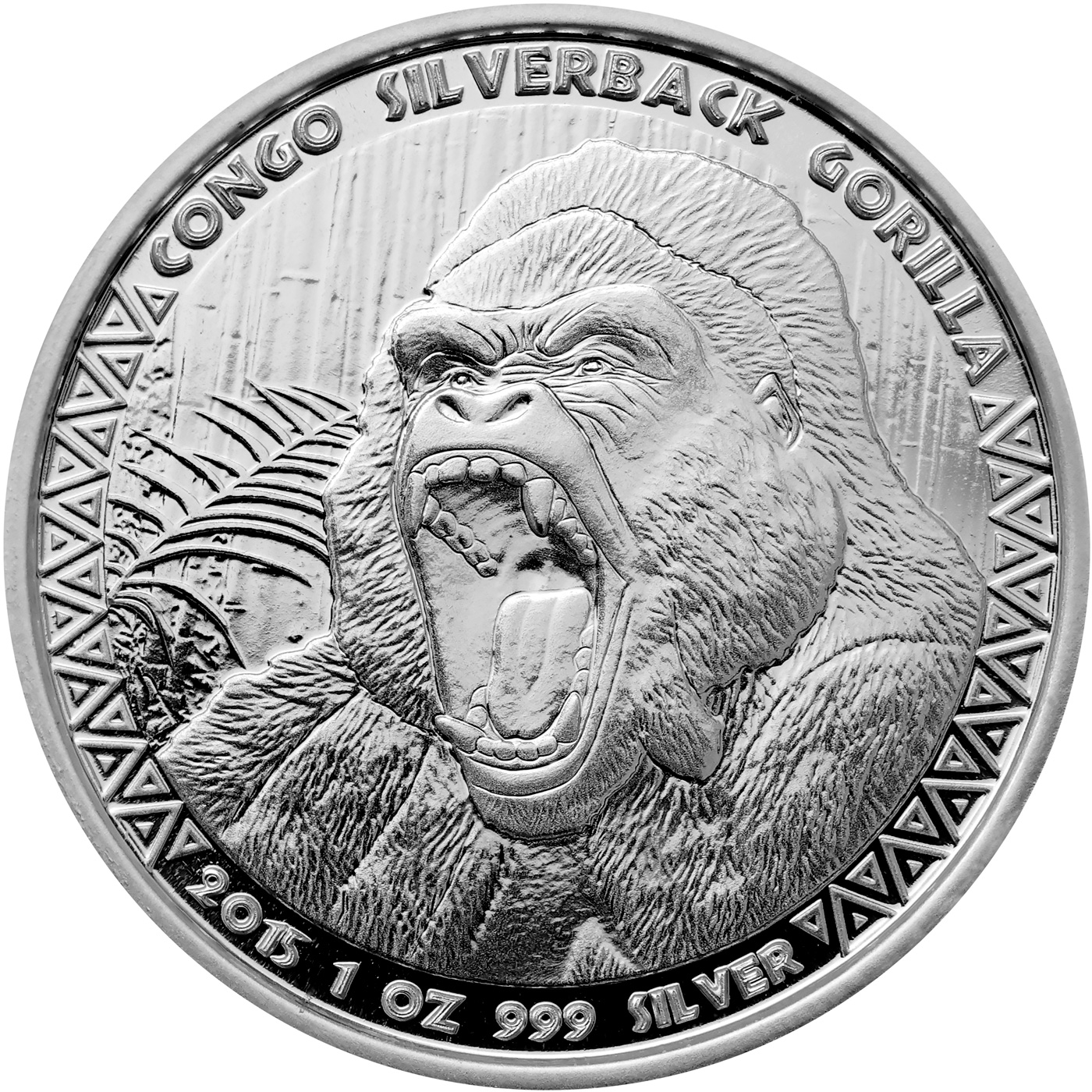 Přední strana Stříbrná investiční mince Kongo Gorila 1 Oz 2015