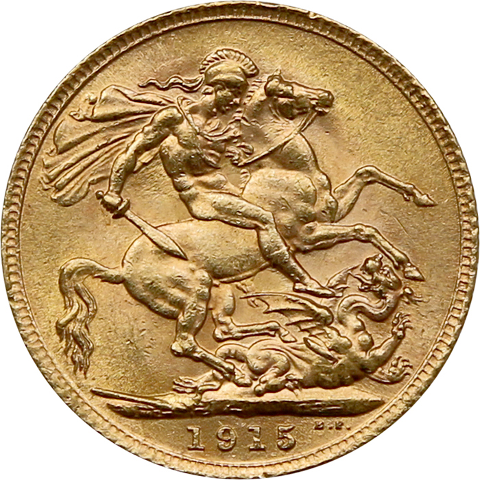 Přední strana Zlatý Sovereign Král Jiří V. 1915