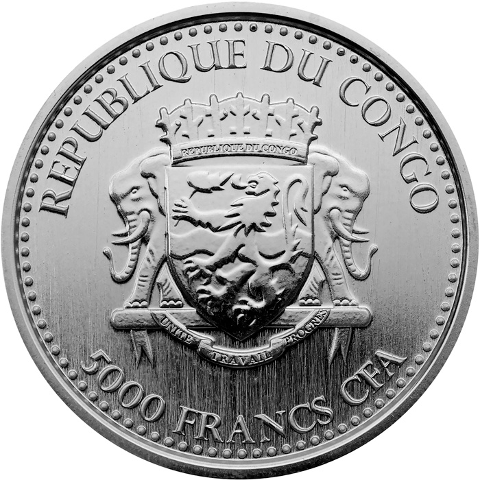 Zadní strana Strieborná investičná minca Kongo Gorila 1 Oz 2016