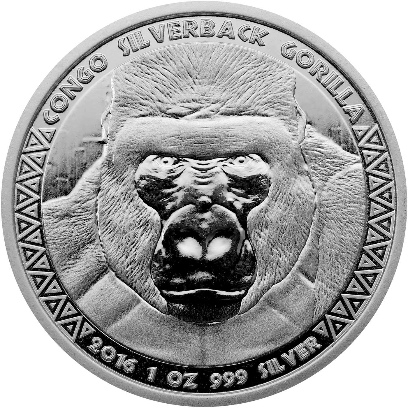 Přední strana Stříbrná investiční mince Kongo Gorila 1 Oz 2016