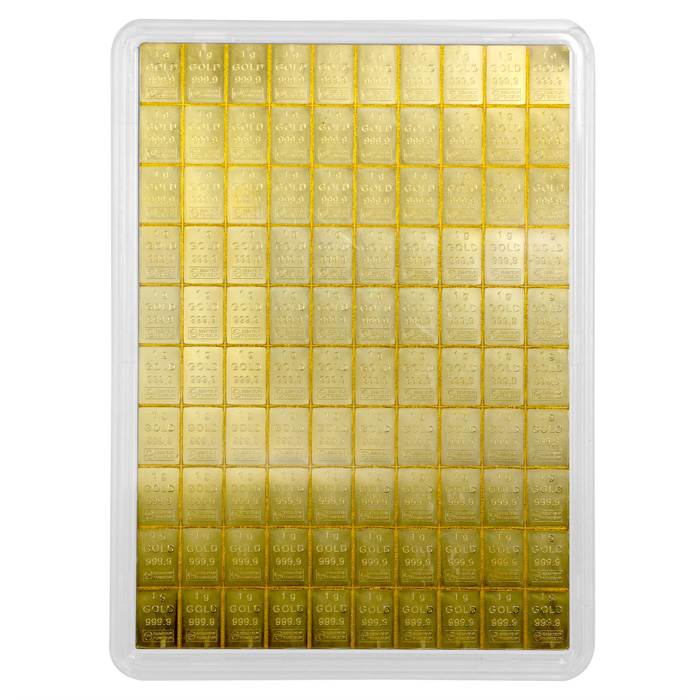 Přední strana 100 x 1g Combi Bar Valcambi SA Švajčiarsko Investičné zlaté tehličky