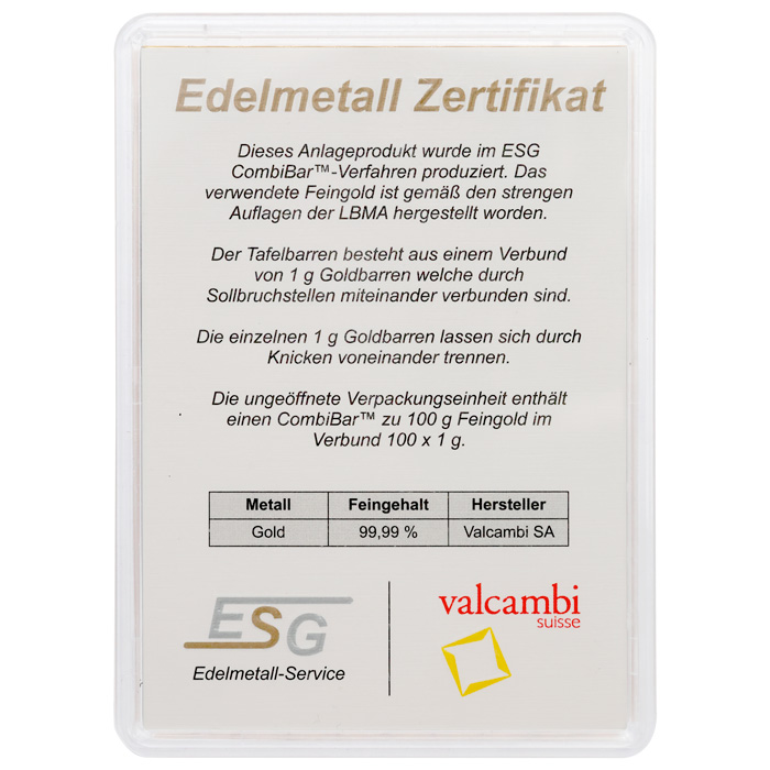 Zadní strana 100 x 1g Combi Bar Valcambi SA Švajčiarsko Investičné zlaté tehličky