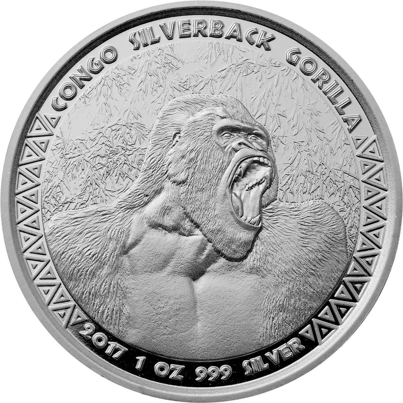 Přední strana Stříbrná investiční mince Kongo Gorila 1 Oz 2017