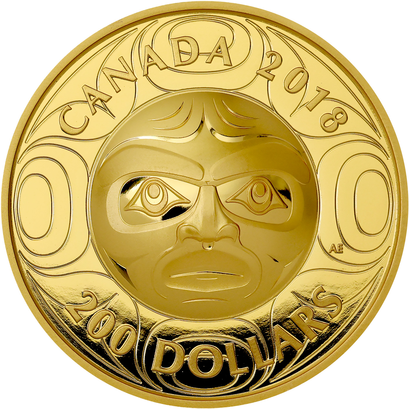 Přední strana Zlatá mince maska Ancestor Moon Ultra high relief 2018 Proof (.99999)