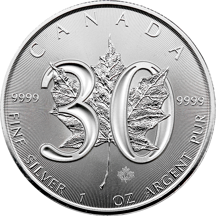Stříbrná investiční mince Maple Leaf 1 Oz - 30. výročí 2018