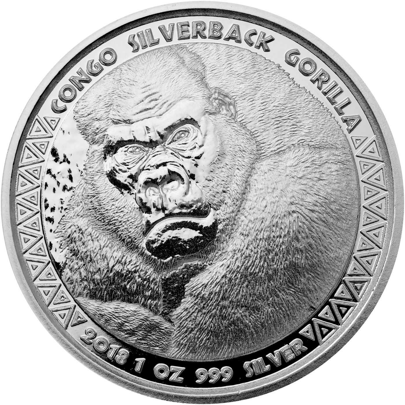 Přední strana Stříbrná investiční mince Kongo Gorila 1 Oz 2018