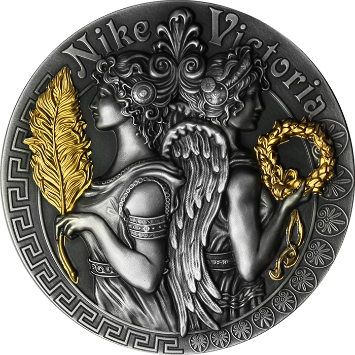 Stříbrná pozlacená mince Bohyně: Niké a Viktoria 2 Oz High Relief 2018 Antique standard