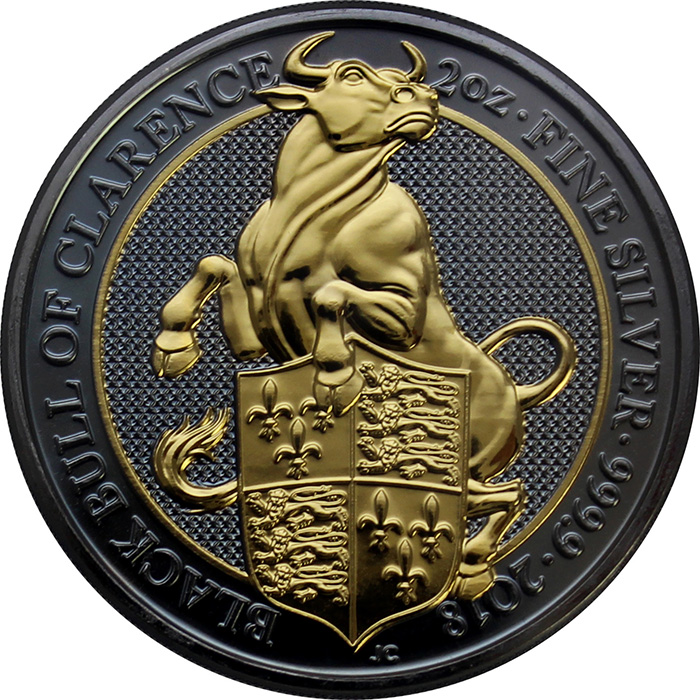 Stříbrná Ruthenium mince pozlacený Queen's Beasts Black Bull 2 Oz Golden Enigma 2018 Proof