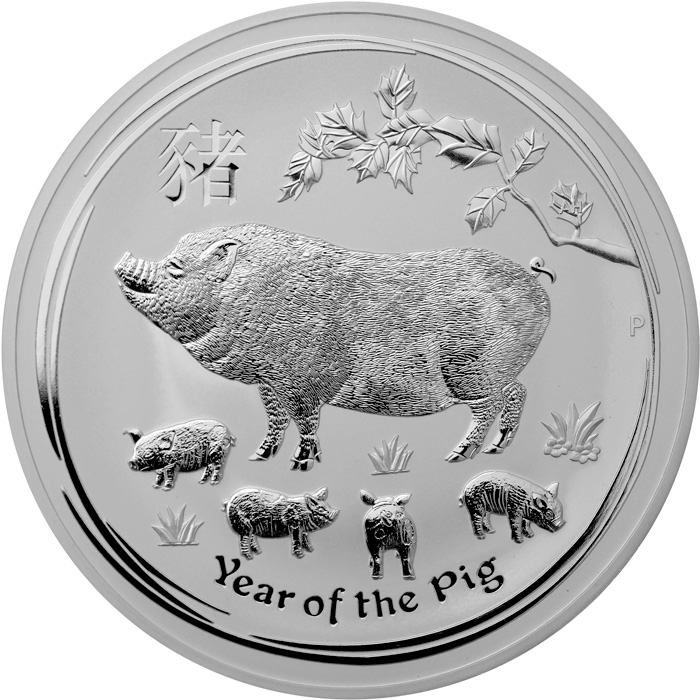Přední strana Stříbrná investiční mince Year of the Pig Rok Vepře Lunární 1 Kg 2019