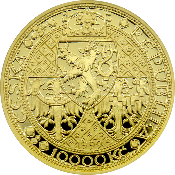 Zadní strana Zlatá mince 10000 Kč KAREL IV. Nové Město Pražské 1999 Proof