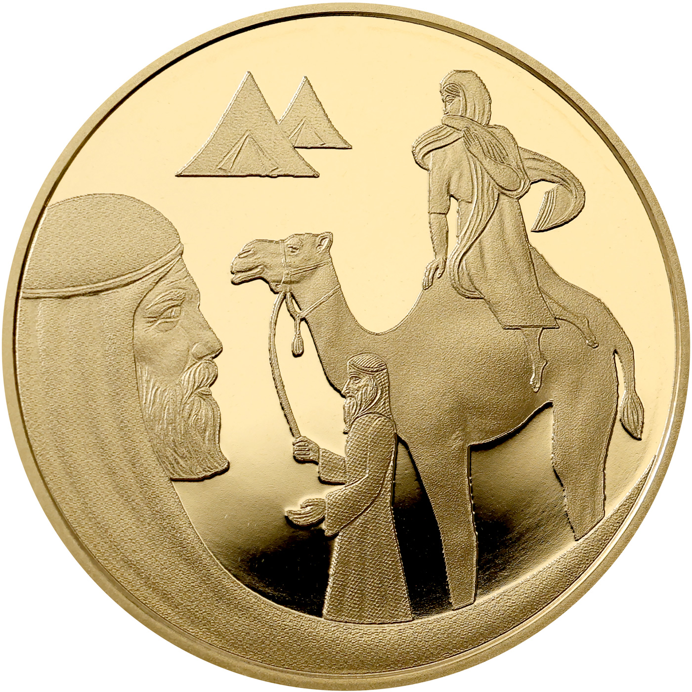 Přední strana Zlatá mince Izák a Rebeka 10 NIS Izrael Biblické umění 2018 Proof