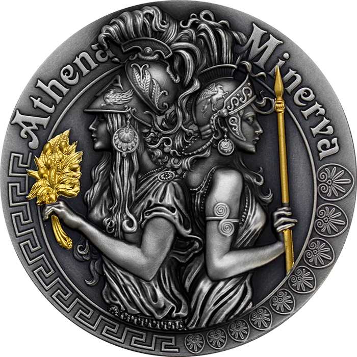 Stříbrná pozlacená mince Bohyně: Athena a Minerva 2 Oz High Relief 2019 Antique Standard