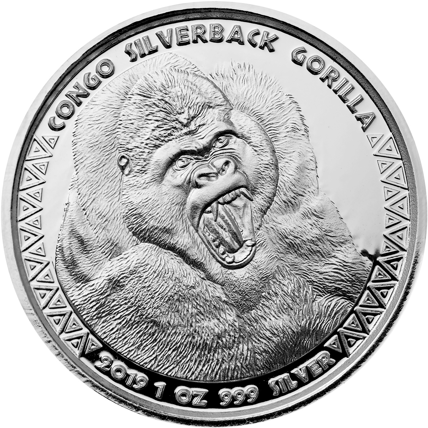 Přední strana Stříbrná investiční mince Kongo Gorila 1 Oz 2019