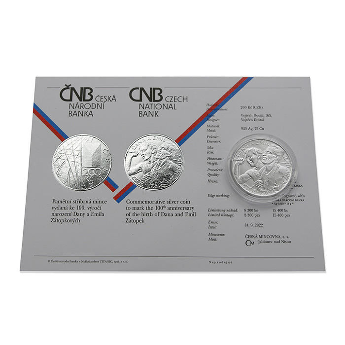Stříbrná mince 200 Kč Dana Zátopková, Emil Zátopek 100. výročí narození 2022 Standard