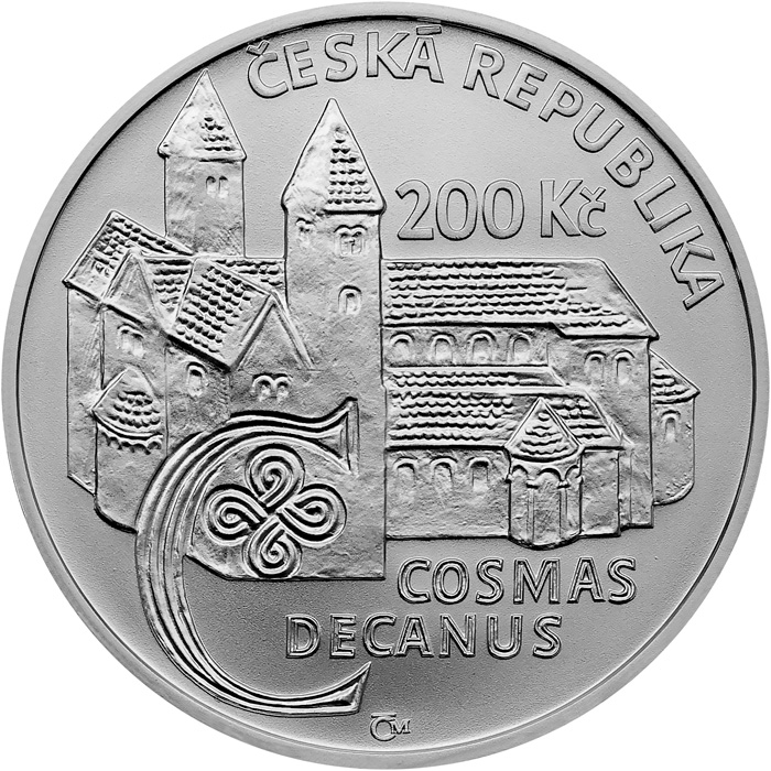 Zadní strana Stříbrná mince 200 Kč Kronikář Kosmas 900. výročí úmrtí 2025 Standard