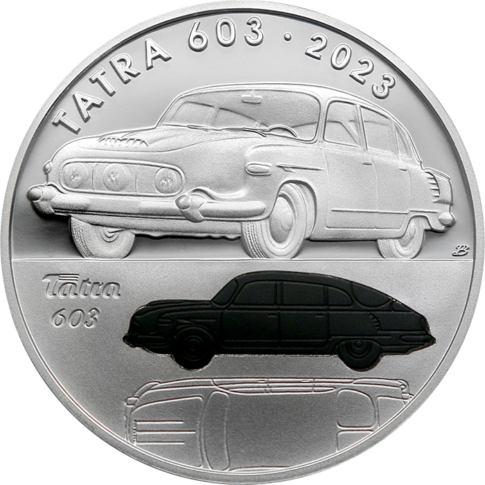 Přední strana Stříbrná mince 500 Kč Osobní automobil Tatra 603 2023 Proof