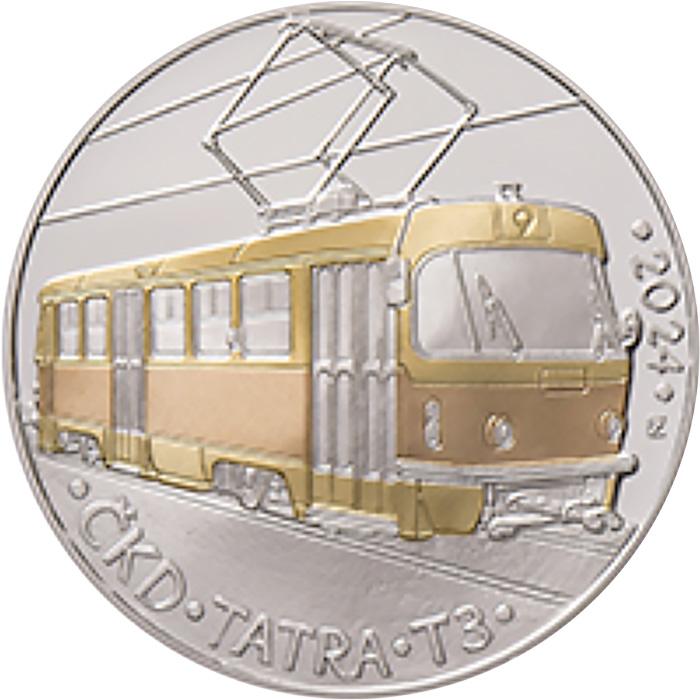 Přední strana Stříbrná mince 500 Kč Tramvaj ČKD Tatra T3 2024 Proof