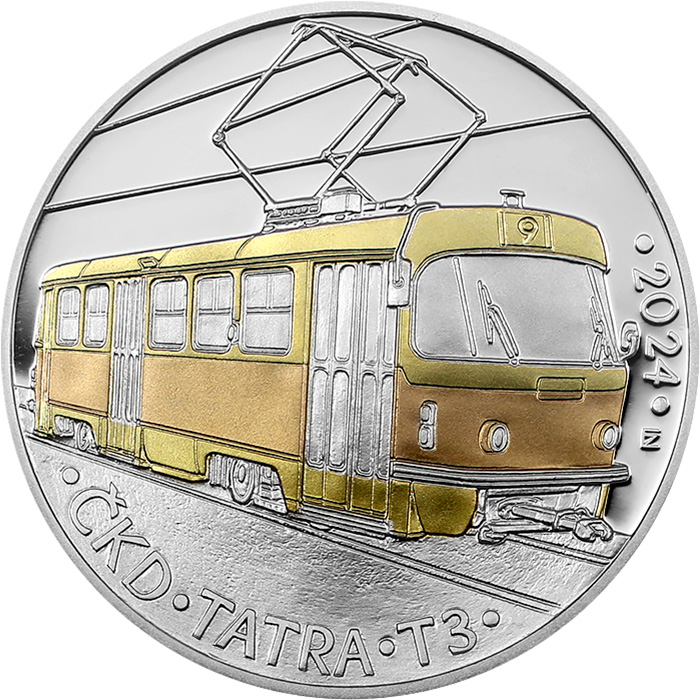 Přední strana Stříbrná mince 500 Kč Tramvaj ČKD Tatra T3 2024 Proof