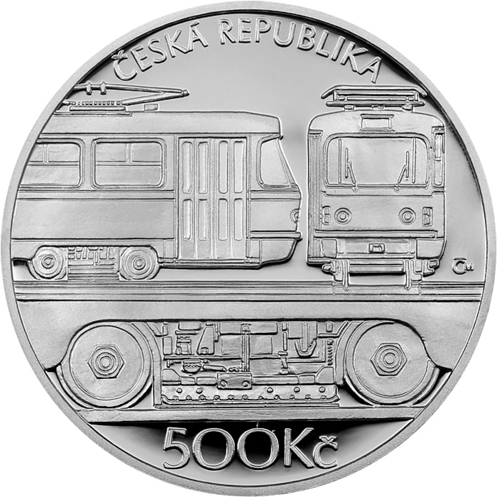 Zadní strana Stříbrná mince 500 Kč Tramvaj ČKD Tatra T3 2024 Proof