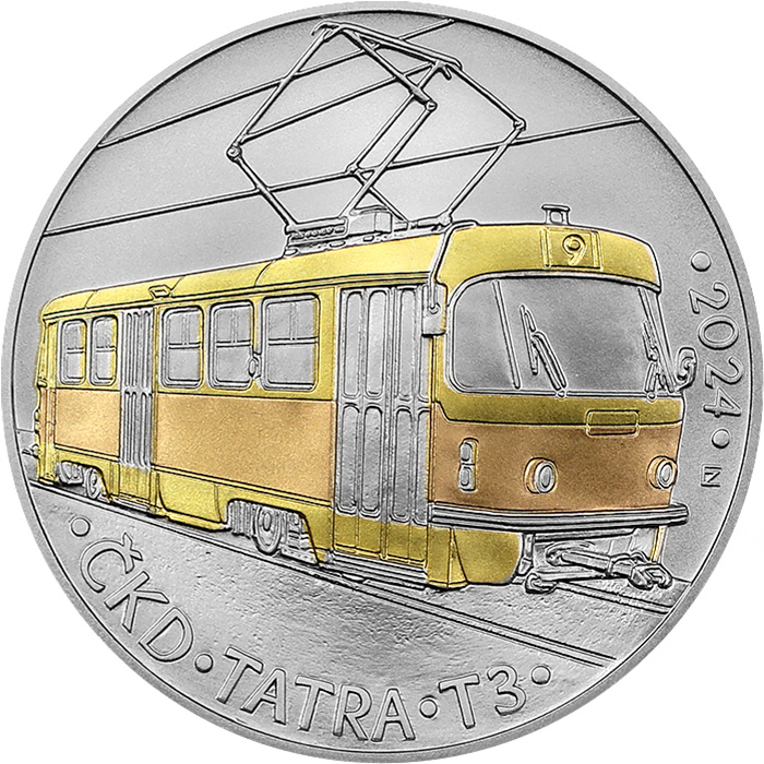 Přední strana Stříbrná mince 500 Kč Tramvaj ČKD Tatra T3 2024 Standard