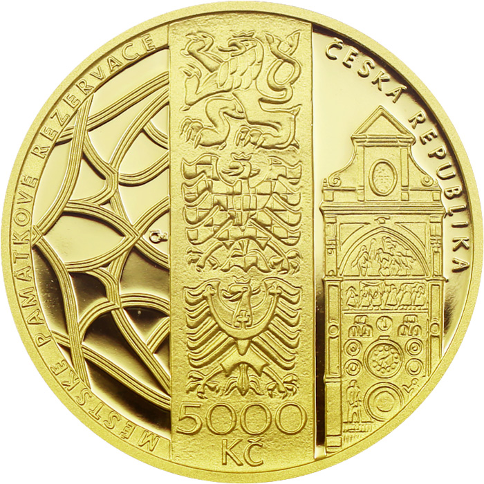 Zadní strana Zlatá mince 5000 Kč Městská památková rezervace Olomouc 2024 Proof