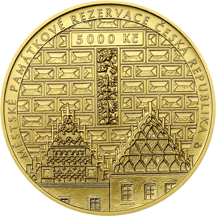 Zadní strana Zlatá minca 5000 Kč Mestská pamiatková rezervácia Tábor 2025 Standard
