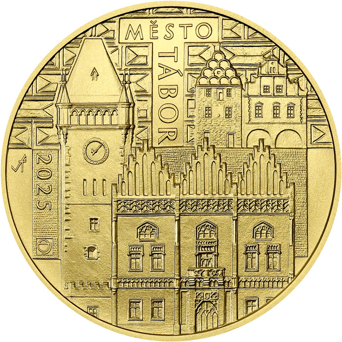 Přední strana Zlatá minca 5000 Kč Mestská pamiatková rezervácia Tábor 2025 Standard