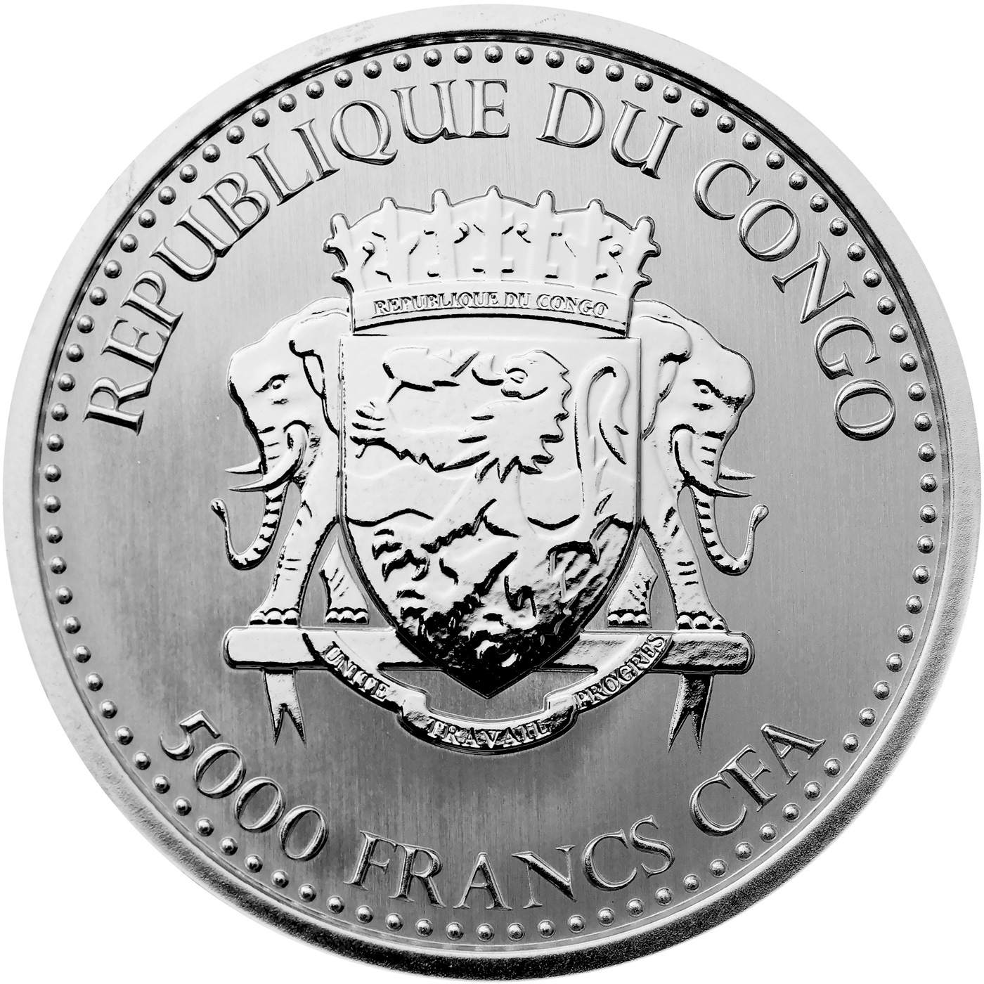 Zadní strana Stříbrná investiční mince Kongo Gorila 1 Oz 2020