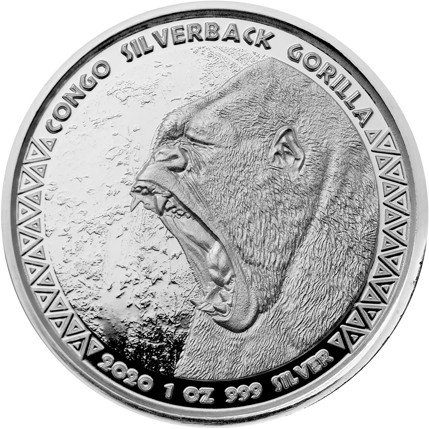 Přední strana Stříbrná investiční mince Kongo Gorila 1 Oz 2020