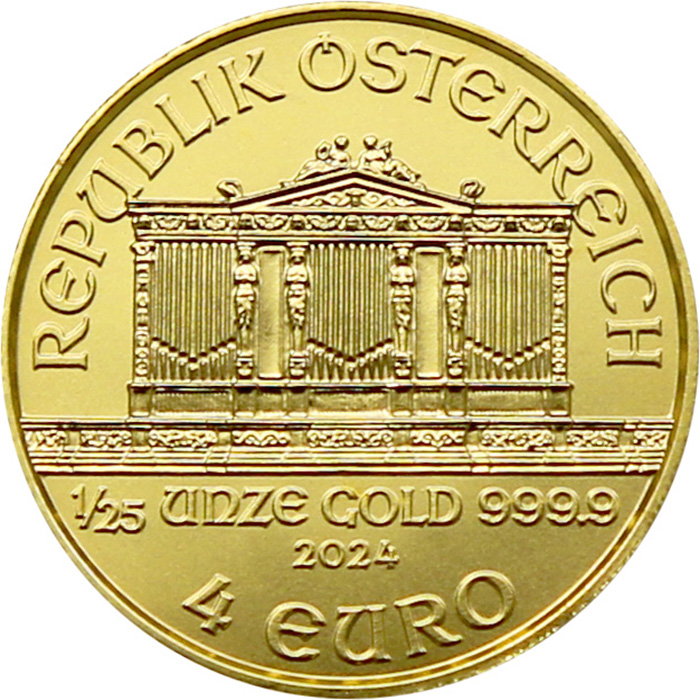Přední strana Zlatá investičná minca Wiener Philharmoniker 1/25 Oz