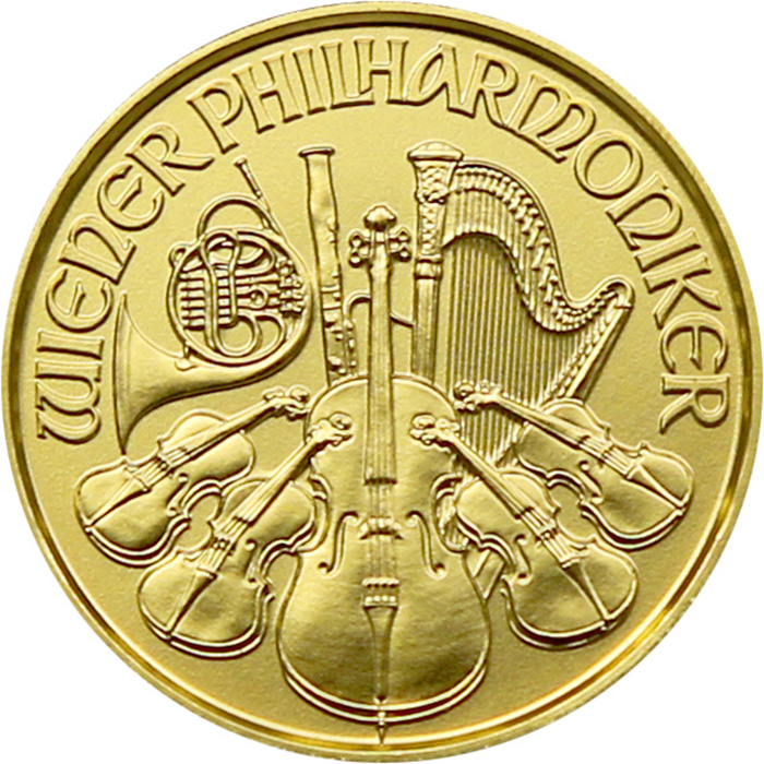 Zadní strana Zlatá investičná minca Wiener Philharmoniker 1/25 Oz