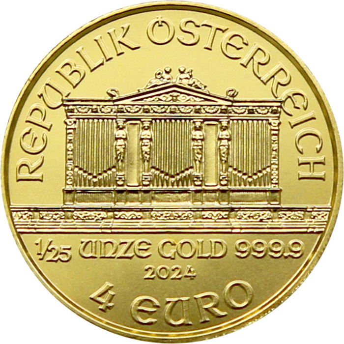 Přední strana Gold investment coin Wiener Philharmoniker 1/25 Oz